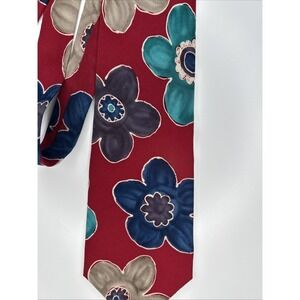 Burma Bibas Silk Tie VTG Red With Large Flowers 4 In Wide‎ Blue Purple Teal Tan